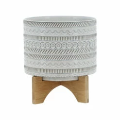 Buy 💯 Sagebrook Home 8" Tribal Planter With Wood Stand, Beige 7.0"H - 8.0" X 8.0" X 7.0" ✨