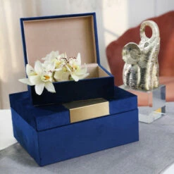 Discount 🎉 Sagebrook Home Set Of 2 Velveteen Jewelry Box, Navy , Gold 4"H - 9.0" X 7.0" X 4.0" 🎉