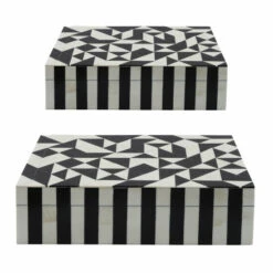 New ⭐ Sagebrook Home Resin, Set Of 2 10, 12" Harlequin Boxes, Black, White 4"H - 12.0" X 8.0" X 4.0" ✔️