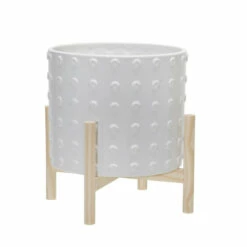 Discount ✔️ Sagebrook Home 12" Ceramic Dotted Planter With Wood Stand, White 12"H - 10.0" X 10.0" X 12.0" 😍