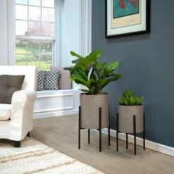 Flash Sale ⭐ Sagebrook Home Set Of 2 Honeycomb Planter On Metalstand, Gray, Blk 23"H - 14.0" X 14.0" X 23.0" 🧨