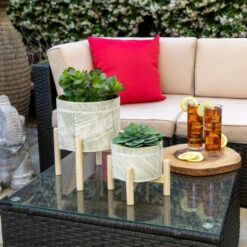 Promo ✨ Sagebrook Home 8" Ceramic Planter With Wood Stand, Green Mix 9"H - 8.0" X 8.0" X 9.0" 🔥