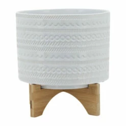 Promo ⭐ Sagebrook Home 10" Tribal Planter With Wood Stand, White 8.0"H - 11.0" X 11.0" X 8.0" 🥰
