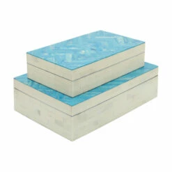 Hot Sale 😍 Sagebrook Home Resin Set Of 2 Herringbone Boxes, Blue 4"H - 12.0" X 8.0" X 4.0" ✨