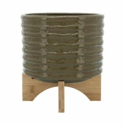 Hot Sale ๐ Sagebrook Home Ceramic 8" Textured Planter With Stand, Olive 7"H - 8.0" X 8.0" X 7.0" ๐