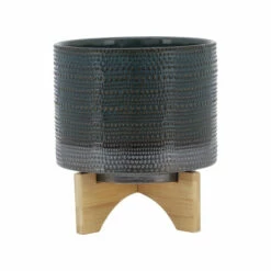 Top 10 โค๏ธ Sagebrook Home 8" Dotted Planter With Wood Stand, Green 9.0"H - 8.0" X 8.0" X 9.0" โ