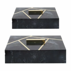 Flash Sale 🎉 Sagebrook Home Resin, Set Of 2 10, 12" Boxes With Knob, Black, Gold 4.0"H - 12.0" X 8.0" X 4.0" ❤️