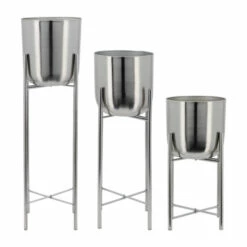 Hot Sale ๐ Sagebrook Home Set Of 3 Metal Planters On Stand 40, 30, 20"h, Silver, Sil 40.0"H - 11.0" X 11.0" X 40.0" ๐