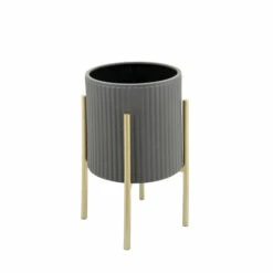 Budget 👏 Sagebrook Home Set Of 2 Ridges Planter On Metal Stand, Gray, Gld 23.0"H - 14.0" X 14.0" X 23.0" 👍 -Sagebrook Home Online Shop unnamed file 4409
