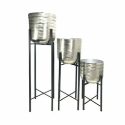Promo 🧨 Sagebrook Home Set Of 3 Metal Planters On Stand 40, 30, 20"h, Silver, Blk 40"H - 11.0" X 11.0" X 40.0" ✔️