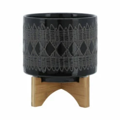 Outlet ❤️ Sagebrook Home Ceramic 8" Aztec Planter On Wooden Stand, Black 9.0"H - 8.0" X 8.0" X 9.0" ⌛