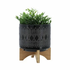 Outlet ❤️ Sagebrook Home Ceramic 8" Aztec Planter On Wooden Stand, Black 9.0"H - 8.0" X 8.0" X 9.0" ⌛ -Sagebrook Home Online Shop unnamed file 4459