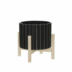 Outlet โ Sagebrook Home 8" Ceramic Fluted Planter With Wood Stand, Black 9"H - 8.0" X 8.0" X 9.0" ๐