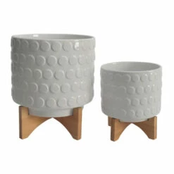 Brand new 👏 Sagebrook Home Ceramic Set Of 2 8, 10" Planter On Wooden Stand, White 12.0"H - 10.0" X 10.0" X 12.0" 🤩