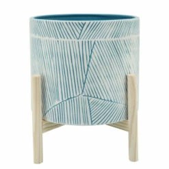 Outlet 🎁 Sagebrook Home 10" Planter With Wood Stand, Lt. Blue 8.0"H - 10.0" X 10.0" X 8.0" 🔥