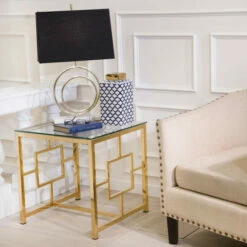 Best deal 🤩 Sagebrook Home Gold Metal, Glass Accent Table, 21.75"H - 21.75" X 21.75" X 21.75" ❤️