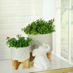 Promo 💯 Sagebrook Home Ceramic 8" Flower Pot Withwooden Stand 9.0"H - 8.5" X 8.5" X 9.0" 🥰