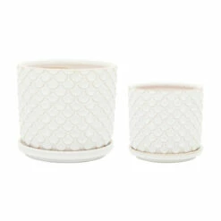 Best deal 🧨 Sagebrook Home Ceramic Set Of 2 5, 6" Scaly Planters With Saucer, Ivory 5.0"H - 6.0" X 6.0" X 5.0" ⭐