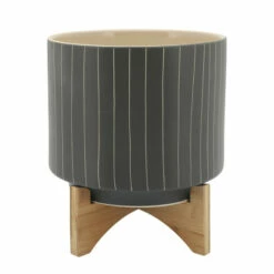 Flash Sale 🎁 Sagebrook Home 10" Stripes Planter With Stand, Gray 12.0"H - 10.0" X 10.0" X 12.0" 🥰