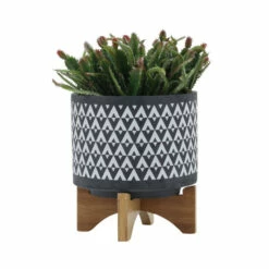 Promo ✨ Sagebrook Home Ceramic 8" Aztec Planter On Wooden Stand, Gray 9.0"H - 8.0" X 8.0" X 9.0" 😉 -Sagebrook Home Online Shop unnamed file 5508