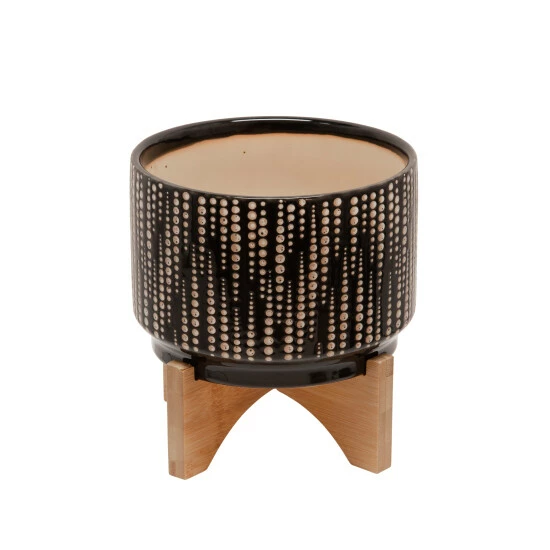 Hot Sale ❤️ Sagebrook Home 7" Dotted Planter With Wooden Stand, Black 4.88"H - 7.01" X 7.01" X 4.88" ❤️ 3 Hot Sale ❤️ Sagebrook Home 7" Dotted Planter With Wooden Stand, Black 4.88"H - 7.01" X 7.01" X 4.88" ❤️