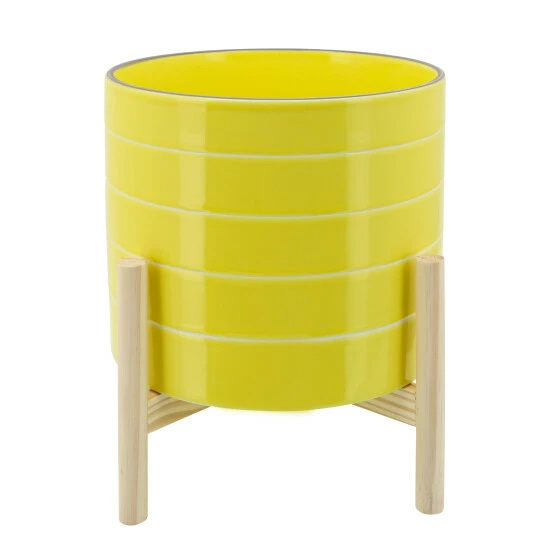 New 𧨠Sagebrook Home 10" Striped Planter With Wood Stand, Yellow 11"H - 10.0" X 10.0" X 11.0" π 3 New 𧨠Sagebrook Home 10" Striped Planter With Wood Stand, Yellow 11"H - 10.0" X 10.0" X 11.0" π