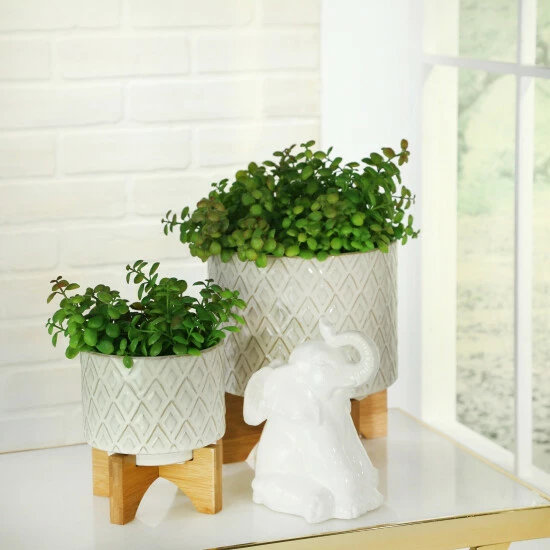 Hot Sale โค๏ธ Sagebrook Home Ceramic 5" Flower Pot With Wooden Stand 7.0"H - 5.5" X 5.5" X 7.0" ๐ 3 Hot Sale โค๏ธ Sagebrook Home Ceramic 5" Flower Pot With Wooden Stand 7.0"H - 5.5" X 5.5" X 7.0" ๐