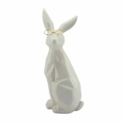Brand new ⌛ Sagebrook Home Ceramic, 11"h Sideview Bunny With Glasses, White,gold - 5" X 4" X 11" 🎉