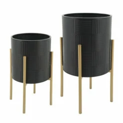 Budget 😀 Sagebrook Home Set Of 2 Planter With Lines On Metal Stand, Black, Gold 23"H - 14.0" X 14.0" X 23.0" 🔔 -Sagebrook Home Online Shop unnamed file 5814