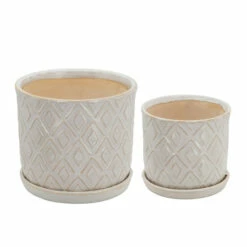 Flash Sale ⭐ Sagebrook Home Set Of 2 Diamond Planter 6, 8" With Saucer, Beige 8"H - 8.0" X 8.0" X 8.0" 😀