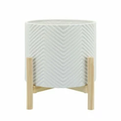 Wholesale 😀 Sagebrook Home 12" Ceramic Chevron Planter With Wood Stand, White 12"H - 10.0" X 10.0" X 12.0" 👏