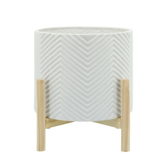Wholesale π Sagebrook Home 12" Ceramic Chevron Planter With Wood Stand, White 12"H - 10.0" X 10.0" X 12.0" π 3 Wholesale π Sagebrook Home 12" Ceramic Chevron Planter With Wood Stand, White 12"H - 10.0" X 10.0" X 12.0" π