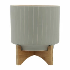 Flash Sale 💯 Sagebrook Home Ceramic Set Of 2 8, 10" Stripes Planter With Stand, Tan 12.0"H - 10.0" X 10.0" X 12.0" 🛒