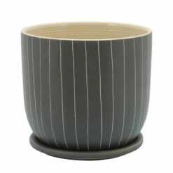Discount 👍 Sagebrook Home 8" Stripes Planter With Saucer, Gray 7"H - 8.0" X 8.0" X 7.0" 🔔