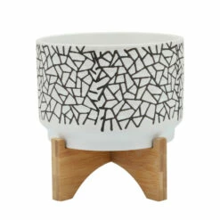 Brand new 🛒 Sagebrook Home 7" Crackled Planter With Wood Stand, White 8"H - 7.0" X 7.0" X 8.0" 👏