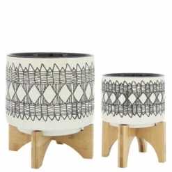 Promo ⭐ Sagebrook Home Ceramic Set Of 2 5, 8" Aztec Planter On Wooden Stand, Gray 10.5"H - 7.75" X 7.75" X 10.5" ✔️