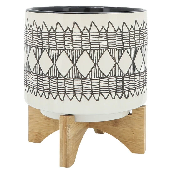 Promo ⭐ Sagebrook Home Ceramic Set Of 2 5, 8" Aztec Planter On Wooden Stand, Gray 10.5"H - 7.75" X 7.75" X 10.5" ✔️ 4 Promo ⭐ Sagebrook Home Ceramic Set Of 2 5, 8" Aztec Planter On Wooden Stand, Gray 10.5"H - 7.75" X 7.75" X 10.5" ✔️ - Image 2