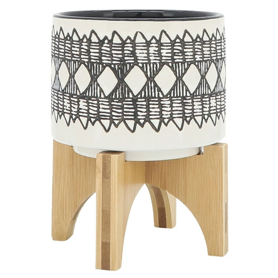 Promo ⭐ Sagebrook Home Ceramic Set Of 2 5, 8" Aztec Planter On Wooden Stand, Gray 10.5"H - 7.75" X 7.75" X 10.5" ✔️ 5 Promo ⭐ Sagebrook Home Ceramic Set Of 2 5, 8" Aztec Planter On Wooden Stand, Gray 10.5"H - 7.75" X 7.75" X 10.5" ✔️ - Image 3