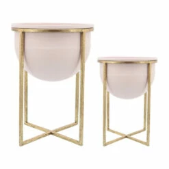 Hot Sale ✔️ Sagebrook Home Metal Set Of 2 11, 12" Planters With Stand, Pink, Gold 19"H - 13.0" X 13.0" X 19.0" 🔥